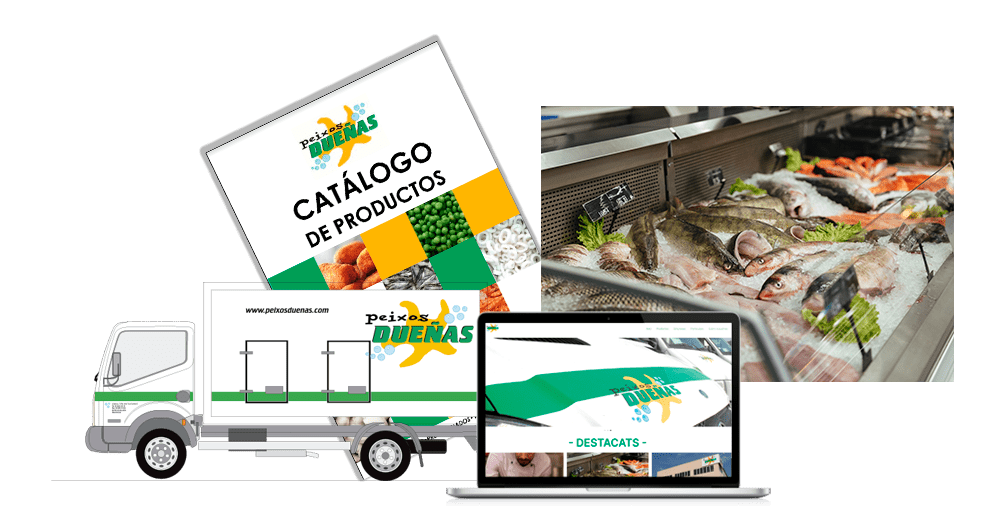 Collage d'imatges que incorpora el catàleg de Peixos Dueñas, un camió de Peixos Dueñas, un mockup de la pàgina de Peixos Dueñas i una imatge de peix fresc en un tauell de peix fresc